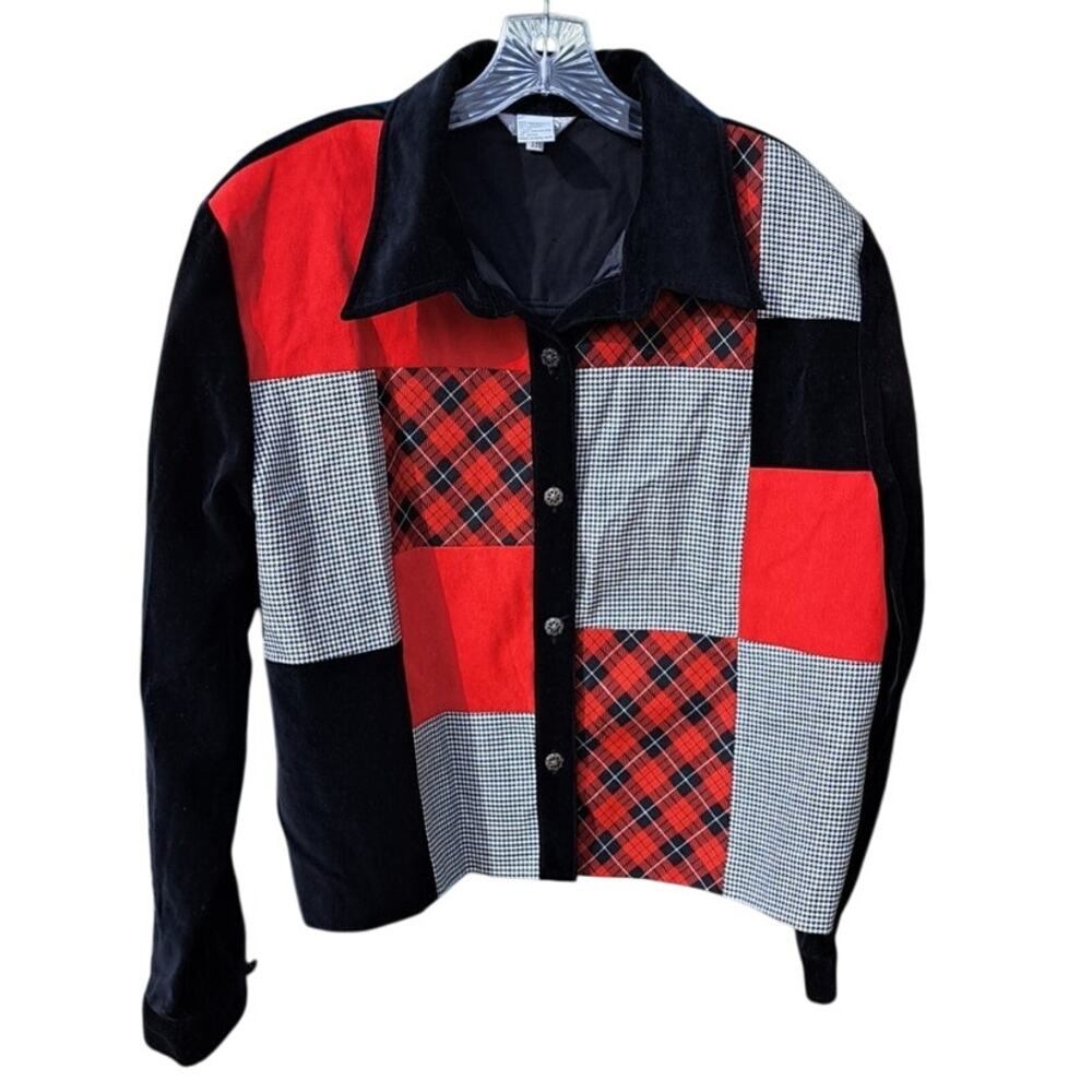 Vintage 80s Stonebridge Jacket Shacket Womens Sz XL Black Red Patchwork Holiday